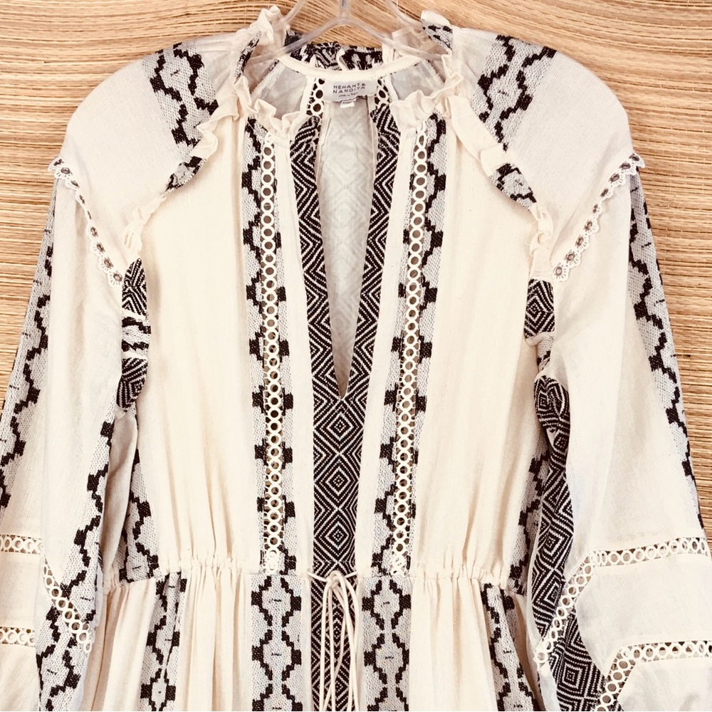 Hemant & Nandita Moira Boho Short Dress In Natural / Black Size M - Picture 7 of 14